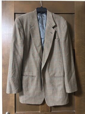 Donna Karan Hand Tailored Made in USA Vintage Couture Brown Plaid Blazer 40 Long